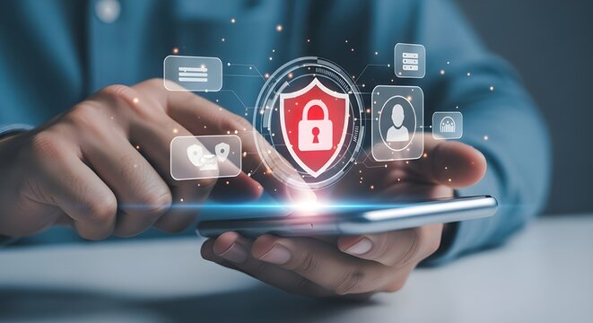 Mobile security person using smartphone with digital shield and lock overlay for protection