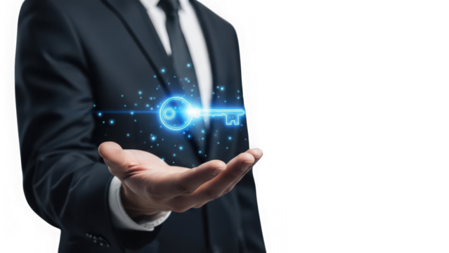 Businessman hand holding glowing blue digital key concept representing access security solution success and opportunity isolated on transparent background - Powered by Adobe