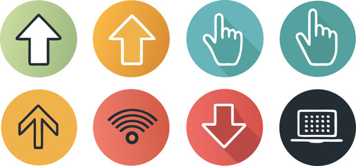 Fototapeta premium Flat design icon set with long shadows for web and mobile UI. Includes upload, download, click cursor, Wi-Fi, and laptop symbols for digital media posts