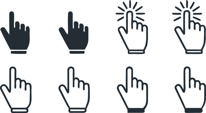 A comprehensive set of hand cursor pointer icons, featuring click and tap symbols for user interface design and web navigation