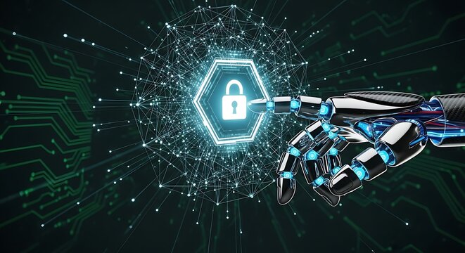 Robotic hand interacting with a glowing digital padlock icon, symbolizing cybersecurity and artificial intelligence