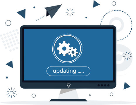 Monitor screen displaying a system update in progress with gear icons and abstract geometric shapes, illustrating digital maintenance and software upgrade process