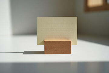 Blank Cream Colored Business Card on Wooden Stand in Bright Sunlight Creating Professional yet Personal Office Decor