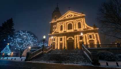 Fototapeta premium Historic church decorated with Christmas lights. Illuminated facade, snow piled on the steps, illuminated trees all around, dark sky with a light mist, sacred and majestic atmosphere