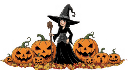 Smiling witch, staff, jack-o'-lanterns, and autumn leaf border