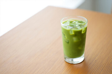Iced Matcha Latte in Tall Glass on Wood Table, Refreshing Green Tea Drink with Ice Cubes for Summer, Healthy Beverage, Cafe Setting