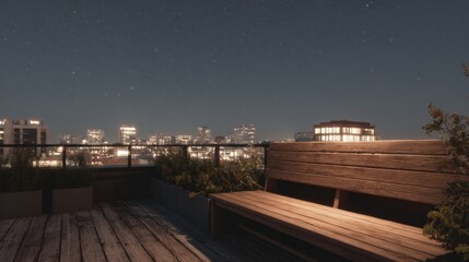 Obraz premium Wooden bench on a rooftop terrace at night. the terrace is made of wooden planks and has a railing around it. the bench is empty and is facing towards the right side of the image.
