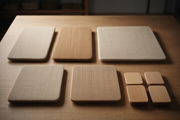 Selection of Wood and Fabric Coasters in Various Textures and Colors Displayed on Wood Table for Home Decor and Design, Still Life