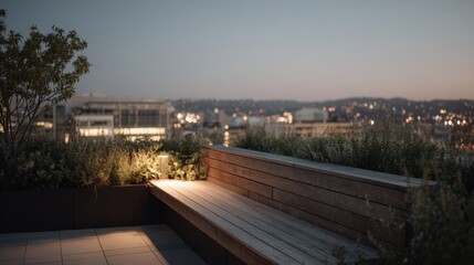 Fototapeta premium Wooden bench on a rooftop terrace overlooking a city at night. the bench is made of light-colored wood and is positioned in the center of the image.