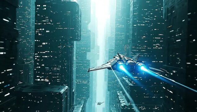 Sleek interstellar spacecraft with blue engine flares speeds through a deep urban canyon of a futuristic megastructure city