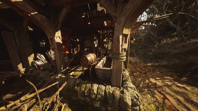 An old, weathered structure in disrepair hosts barrels and wooden elements, surrounded by lush greenery and remnants of past use. The quiet atmosphere suggests a forgotten time.