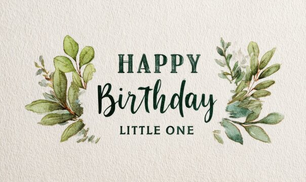 A birthday card with a natural theme, featuring green leaves surrounding the text 'Happy Birthday Little One' on a textured background.