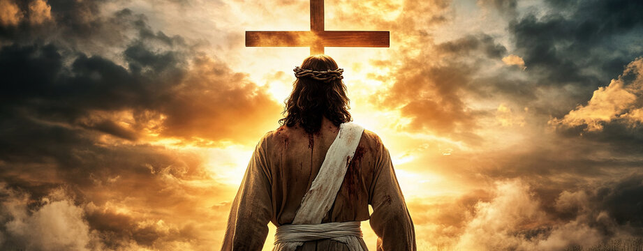 jesus walking towards the cross with a beautiful sky and clouds