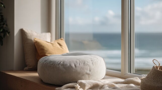 Window seat with a round cushion and two beige throw pillows on it. the window is open and offers a beautiful view of the ocean.