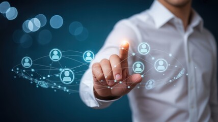 A person's hand interacting with a digital network, signifying connectivity and interaction