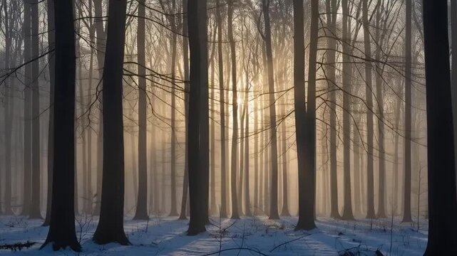 Enchanting winter forest scene with fog and sun rays, a beautiful and atmospheric landscape video
