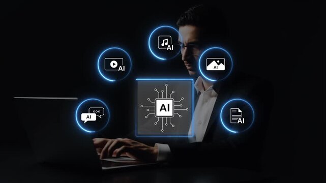Ethical AI platform creating diverse content formats such as text, video, music, and images, showing responsible automation, data integrity animation