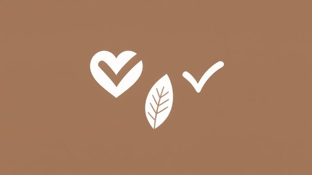 Set of vector icons heart with checkmark, leaf, and tick. Represents eco-friendly, healthy, and approved concepts for natural well-being, sustainability, and verified quality