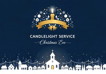 Elegant graphic design for a christmas eve candlelight service featuring a glowing candle and church silhouette