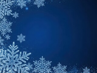 Glittering blue snowflake border frame design on a dark blue background, perfect for a winter holiday greeting card or festive seasonal celebration announcement