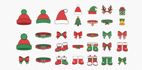 A festive collection of Christmas-themed accessories, including hats, bows, belts, and stockings, in red and green colors.