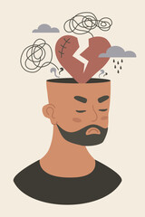 Mental Health. Sad Ethnic Black Man with Broken Heart, rain cloud and Depression Tangled Thoughts from his head. Emotional pain, confusion, Depression and Stress. Flat Vector Illustration. Not AI