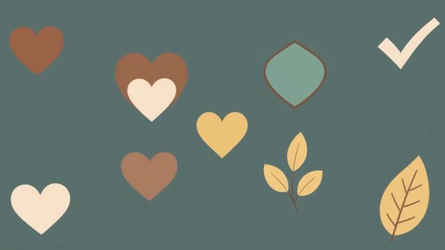 A collection of modern minimalist icons with hearts, leaves, and a checkmark in an earthy color palette. Abstract symbols for nature, love, and approval