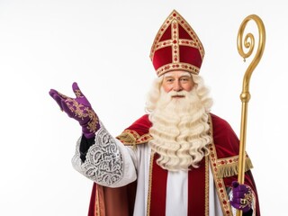 Obraz premium Sinterklaas or saint nicholas in traditional bishop costume holding a golden crozier and gesturing with his hand, isolated on white background