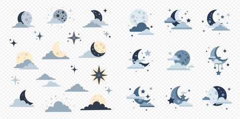 Collection of moon and star illustrations with clouds on a transparent background.