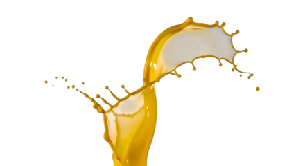 Yellow liquid splash frozen in motion, creating abstract dynamic shape against black