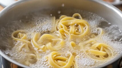 Close-up shot of fettuccine pasta boiling in a pot of bubbling water, preparing a delightful meal