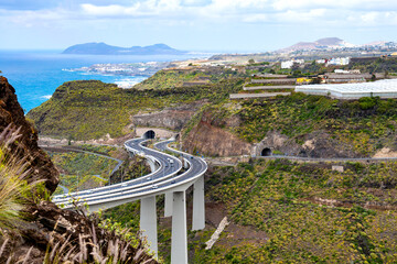 View of the modern Puente de Silva on the northern coast of Gran Canaria, connecting tunnels across...