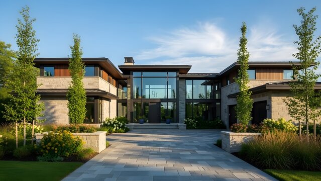 Modern luxury home exterior with glass entrance and landscaping