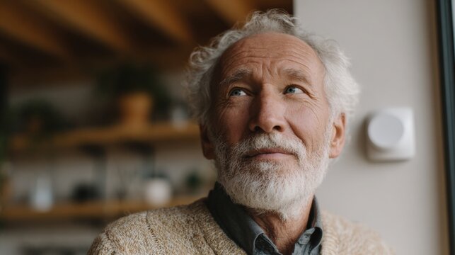 Close-up portrait of an elderly man with white hair and a white beard. he is looking up with a thoughtful expression on his face.
