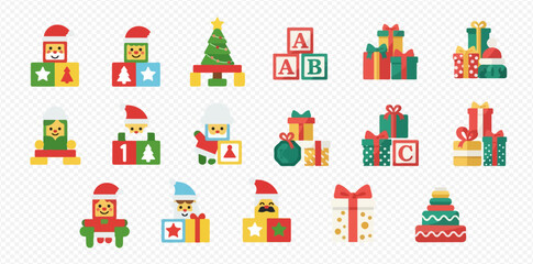 Festive Christmas icons featuring gifts, blocks, and a tree, creating a holiday-themed graphic collection.