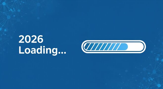 2026 Loading... with a progress bar indicating the arrival or anticipation of the new year on a blue background