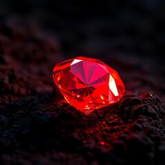 Red diamond unearthed from dark soil, its gleam a warning,  geological,  precious stone