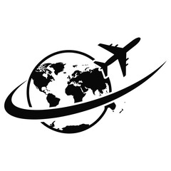 Global Travel Icon, Airplane, Flight Routes on Earth Map Silhouette.