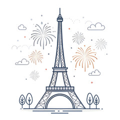 Fototapeta premium A minimal Eiffel Tower design accented with small abstract fireworks creating a festive modern visual highlighting