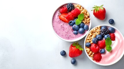 Colorful and delicious yogurt bowls topped with fresh berries and mint. Ideal for breakfast or a snack. Healthy and refreshing. Perfect for food photography and healthy lifestyle. AI