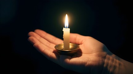 Hand Holding a Candle in Darkness for Hope and Contemplative Light