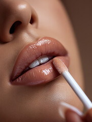 Naklejka premium Close-Up Of Lips With Gloss Being Applied By Q-Tip For Plump, Soft, Shiny Look Effect