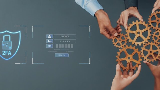 Hands engage with gears and technology in a modern setting, showcasing a secure login process that emphasizes two-factor authentication and data safety. Raster
