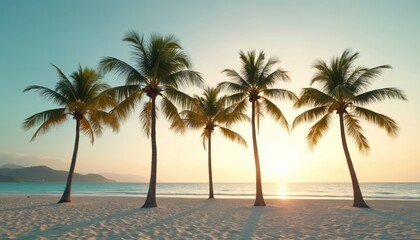 Five palm trees stand tall on a white sandy beach beside a calm blue ocean. The sun sets or rises creating a warm orange glow in the sky and reflecting on the water.