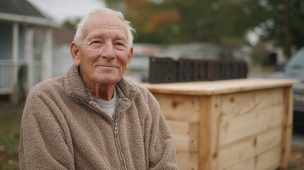Portrait of an elderly man sitting on a wooden bench in a garden. he is wearing a beige jacket and has a warm smile on his face.