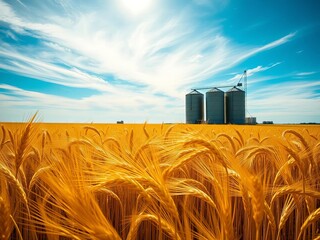 Golden wheat fields sway under a vast blue sky, silos stand tall in the distance, agriculture,  outdoor
