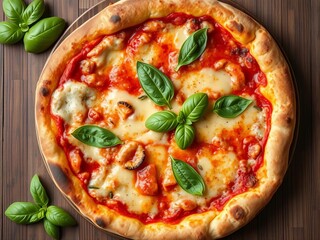 Gourmet pizza slice with fresh basil and melted cheese, overhead view,  appetite,  restaurant