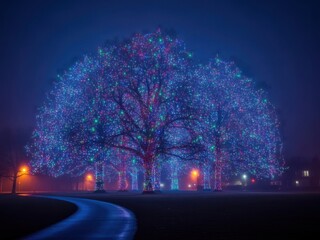 Large deciduous tree illuminated with thousands of colorful holiday string lights on a foggy night with a winding path in the foreground