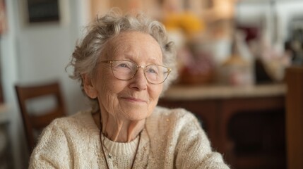Portrait of an elderly woman with curly white hair and glasses. she is sitting at a table in a kitchen or dining area with a blurred background.