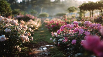 Obraz premium Serene Garden Pathway with Colorful Roses in Bloom Under Soft Morning Light Creating a Peaceful Ambiance in Nature's Splendor